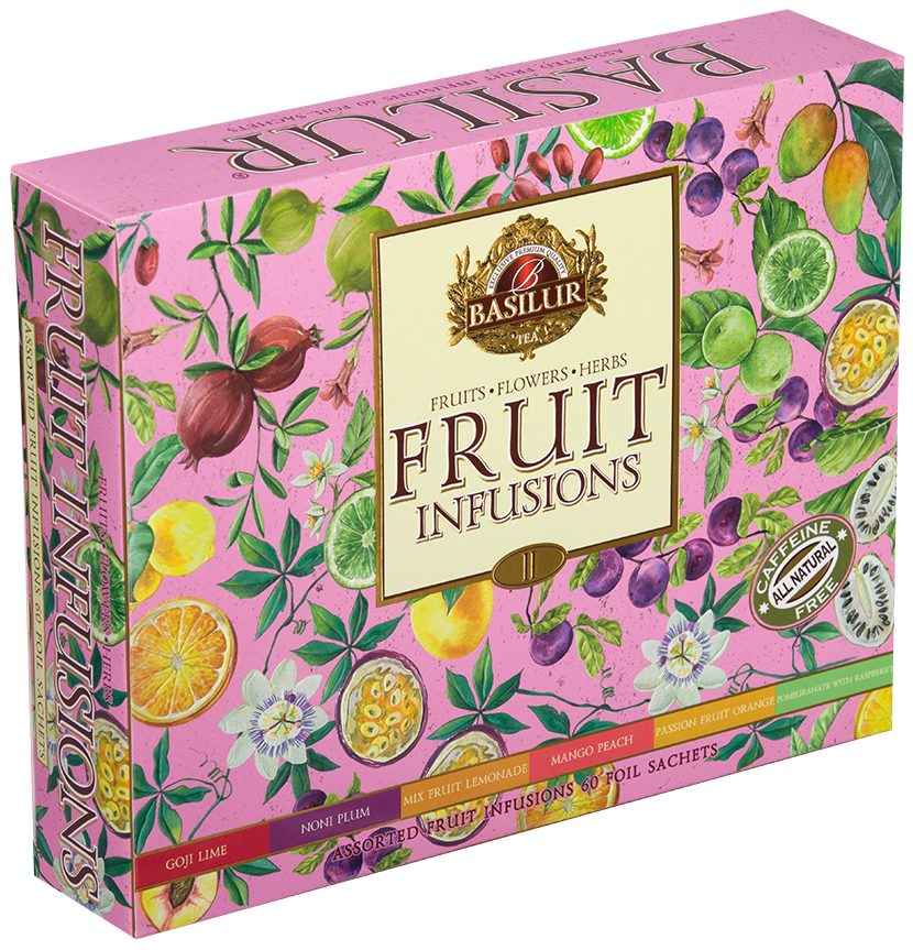 Opakowanie Basilur Fruit Infusions vol. II z kolorową grafiką owoców.