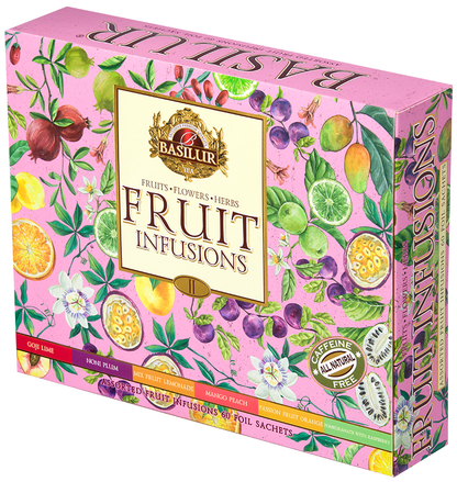 Pudełko herbat Basilur Fruit Infusions vol. II w różowym kolorze widoczne z boku.