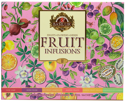 Przód pudełka Basilur Fruit Infusions vol. II z nazwami smaków.