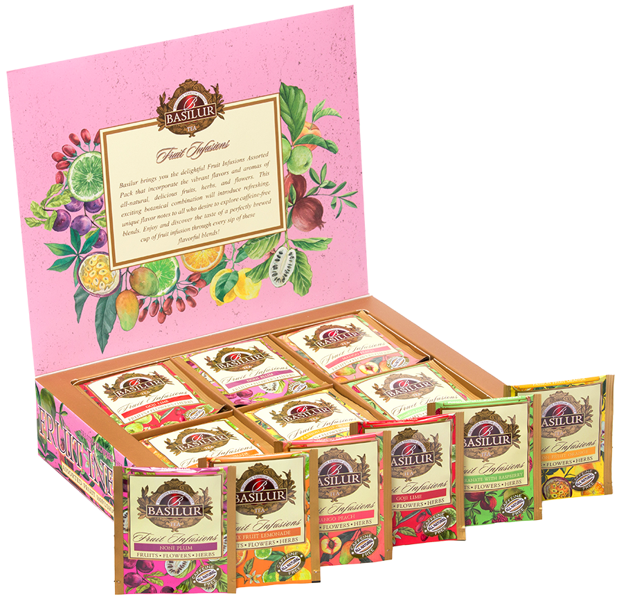 Zestaw Basilur Fruit Infusions vol. II z różnymi smakami owocowych herbat.