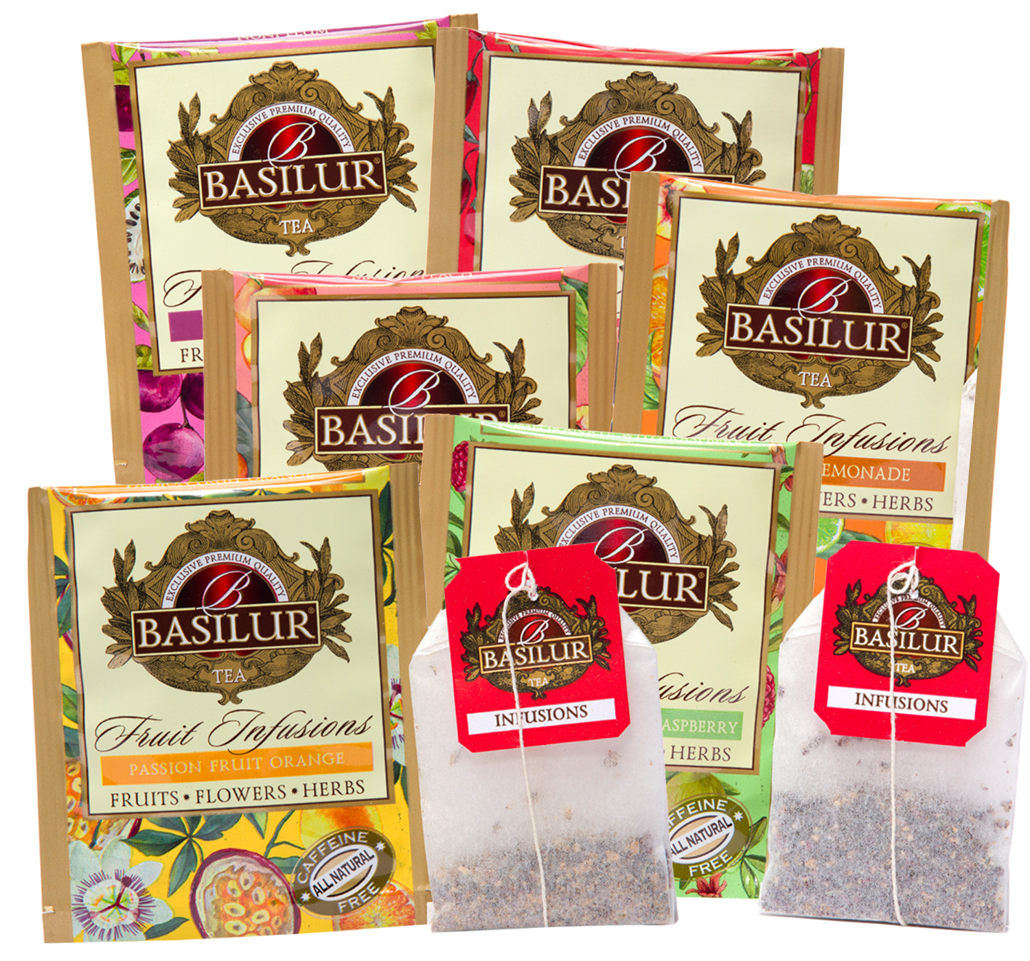 Koperty herbat Basilur Fruit Infusions z owocowymi naparami i torebkami herbat.