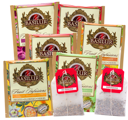 Koperty herbat Basilur Fruit Infusions z owocowymi naparami i torebkami herbat.