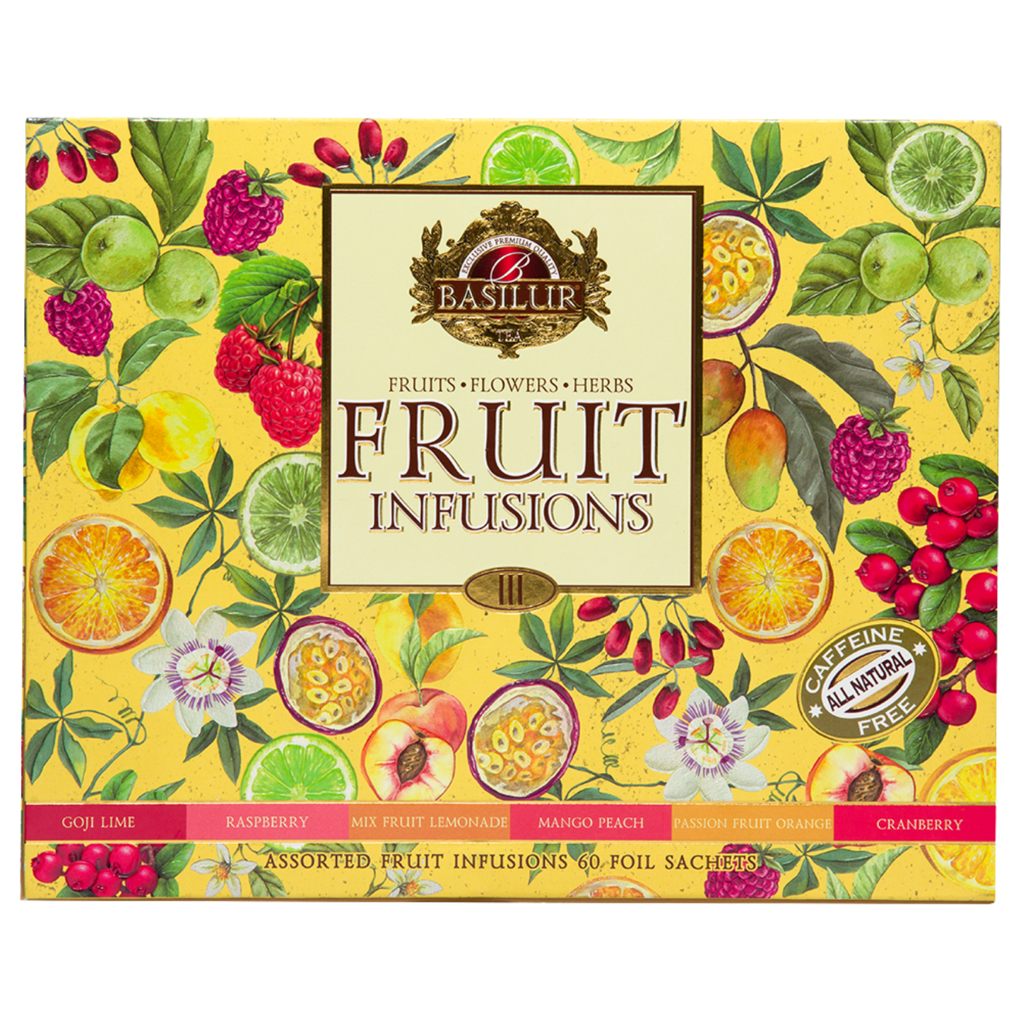 Przód pudełka Basilur Fruit Infusions vol. III z opisem smaków.
