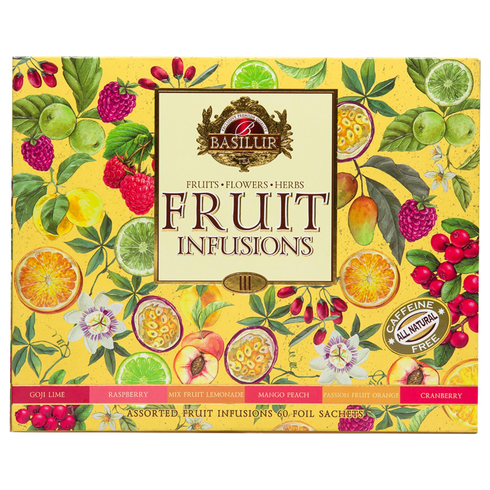 Przód pudełka Basilur Fruit Infusions vol. III z opisem smaków.