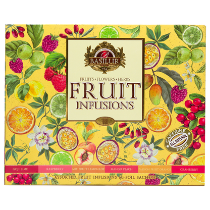 Przód pudełka Basilur Fruit Infusions vol. III z opisem smaków.