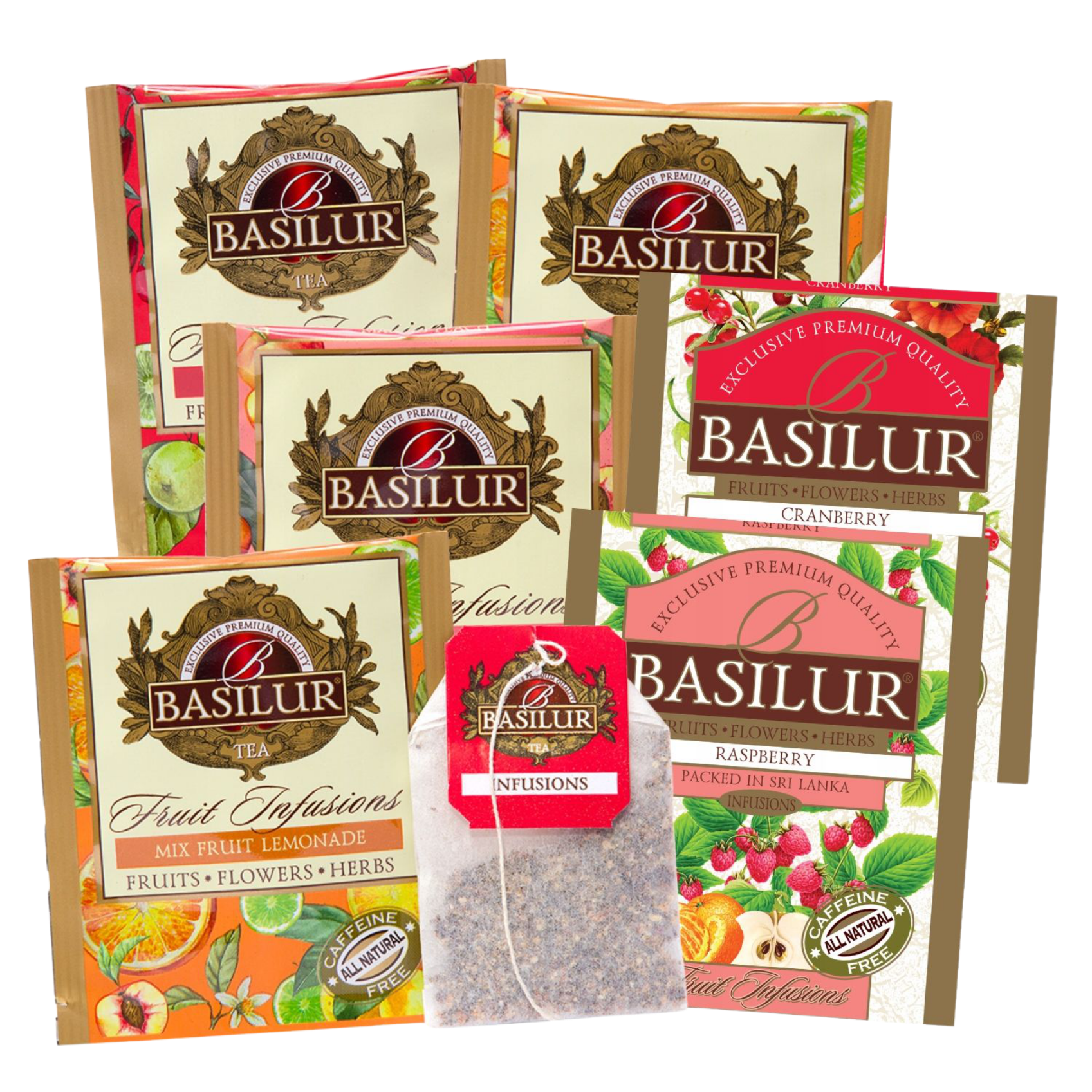 Koperty herbat Basilur Fruit Infusions w różnych smakach z torebką herbaty.