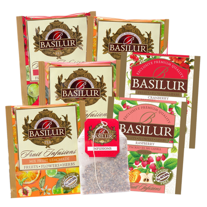 Koperty herbat Basilur Fruit Infusions w różnych smakach z torebką herbaty.