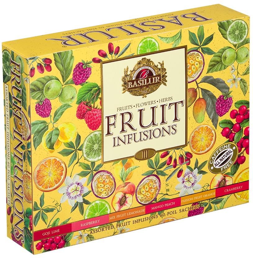 Opakowanie Basilur Fruit Infusions ozdobione kolorowymi ilustracjami owoców.