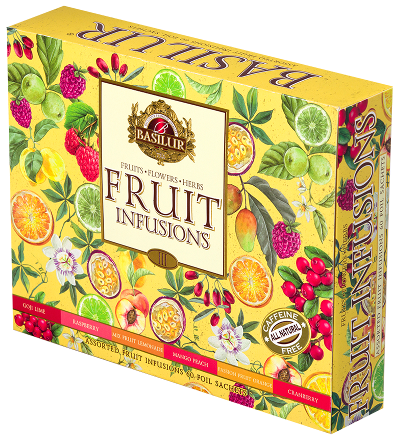 Kolorowe pudełko Basilur Fruit Infusions widoczne z boku z logo marki.
