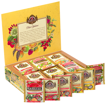 Zestaw Basilur Fruit Infusions vol. III z sześcioma rodzajami herbat owocowych.