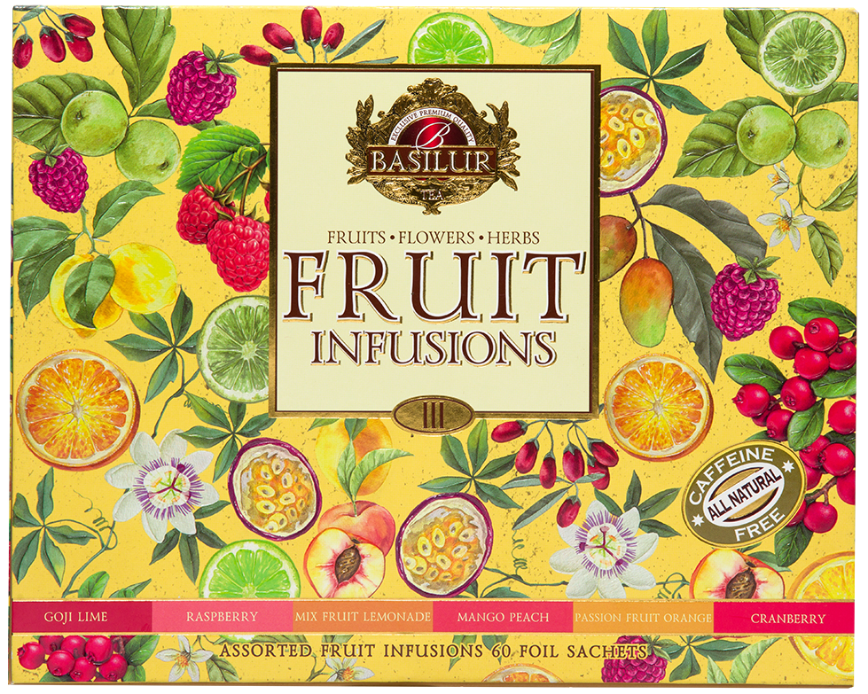 Przód pudełka Basilur Fruit Infusions vol. III z opisem smaków.