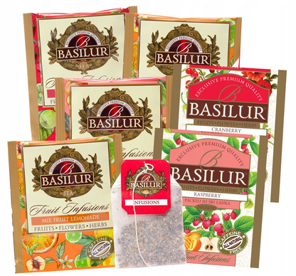 Koperty herbat Basilur Fruit Infusions w różnych smakach z torebką herbaty.
