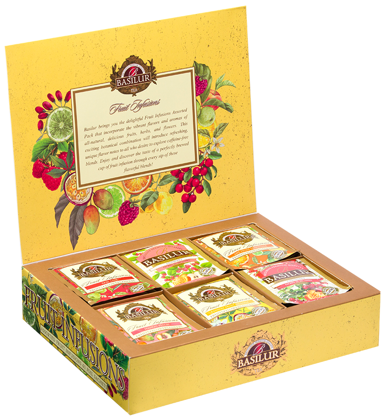 Otwarty zestaw herbat Basilur Fruit Infusions vol. III z kopertami owocowych naparów.