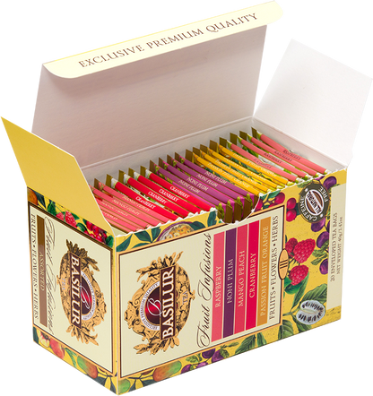 Otwarta herbata Basilur Fruit Infusions Vol. III z kolorowymi kopertkami różnych smaków.