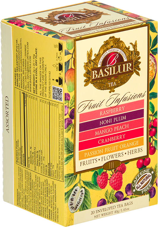 Bok opakowania Basilur Fruit Infusions Vol. III z opisem smaków i składem herbaty.