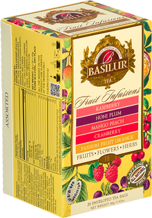 Bok opakowania Basilur Fruit Infusions Vol. III z opisem smaków i składem herbaty.