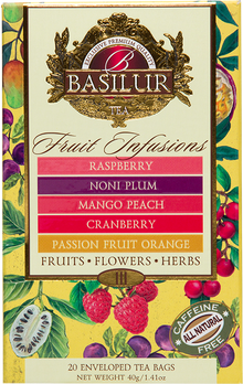 Front pudełka Basilur Fruit Infusions Vol. III z listą smaków i owocową grafiką.