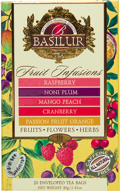 Front pudełka Basilur Fruit Infusions Vol. III z listą smaków i owocową grafiką.