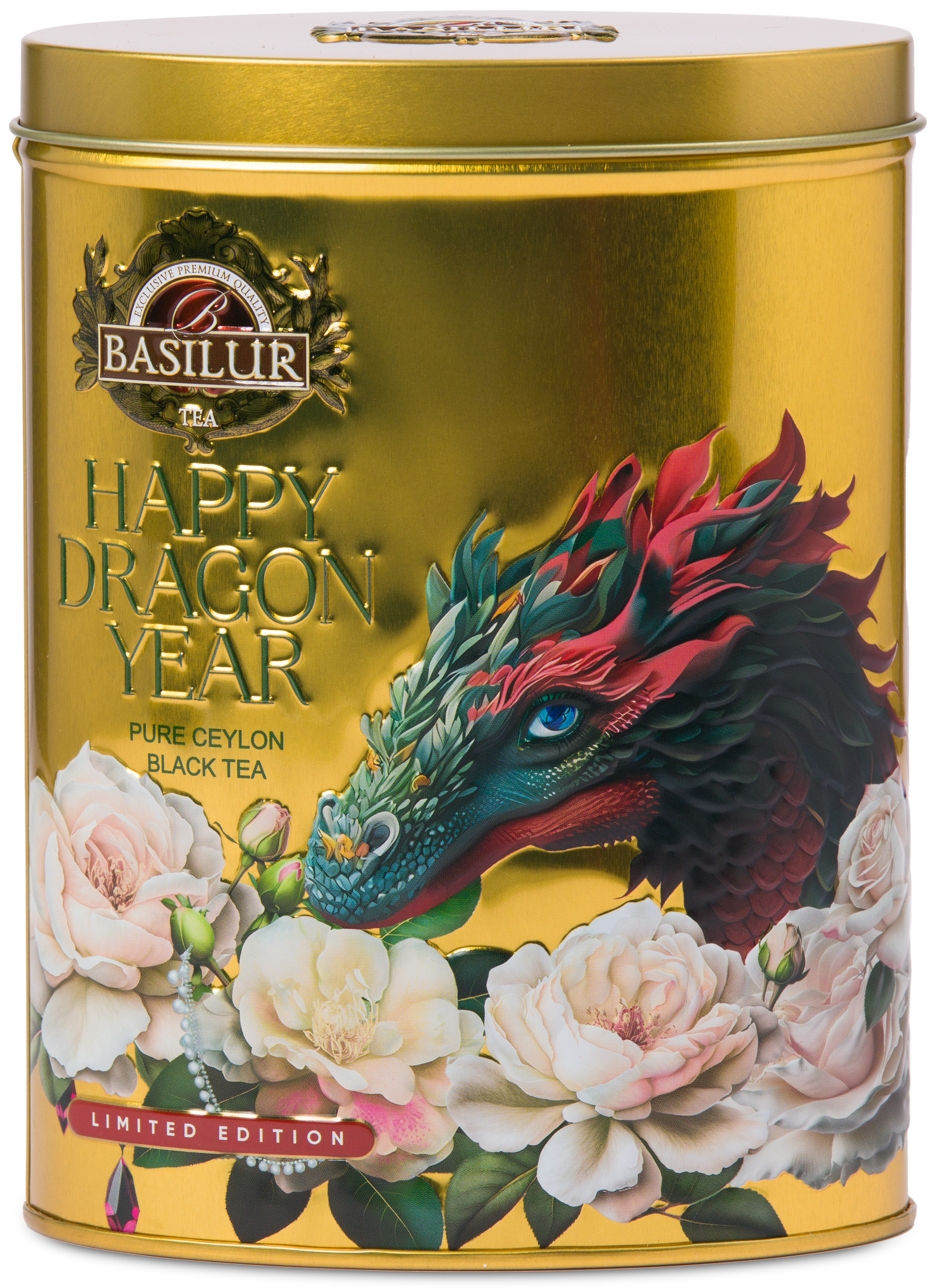 Złota puszka Basilur Happy Dragon Year Gold – limitowana edycja czarnej herbaty cejlońskiej.