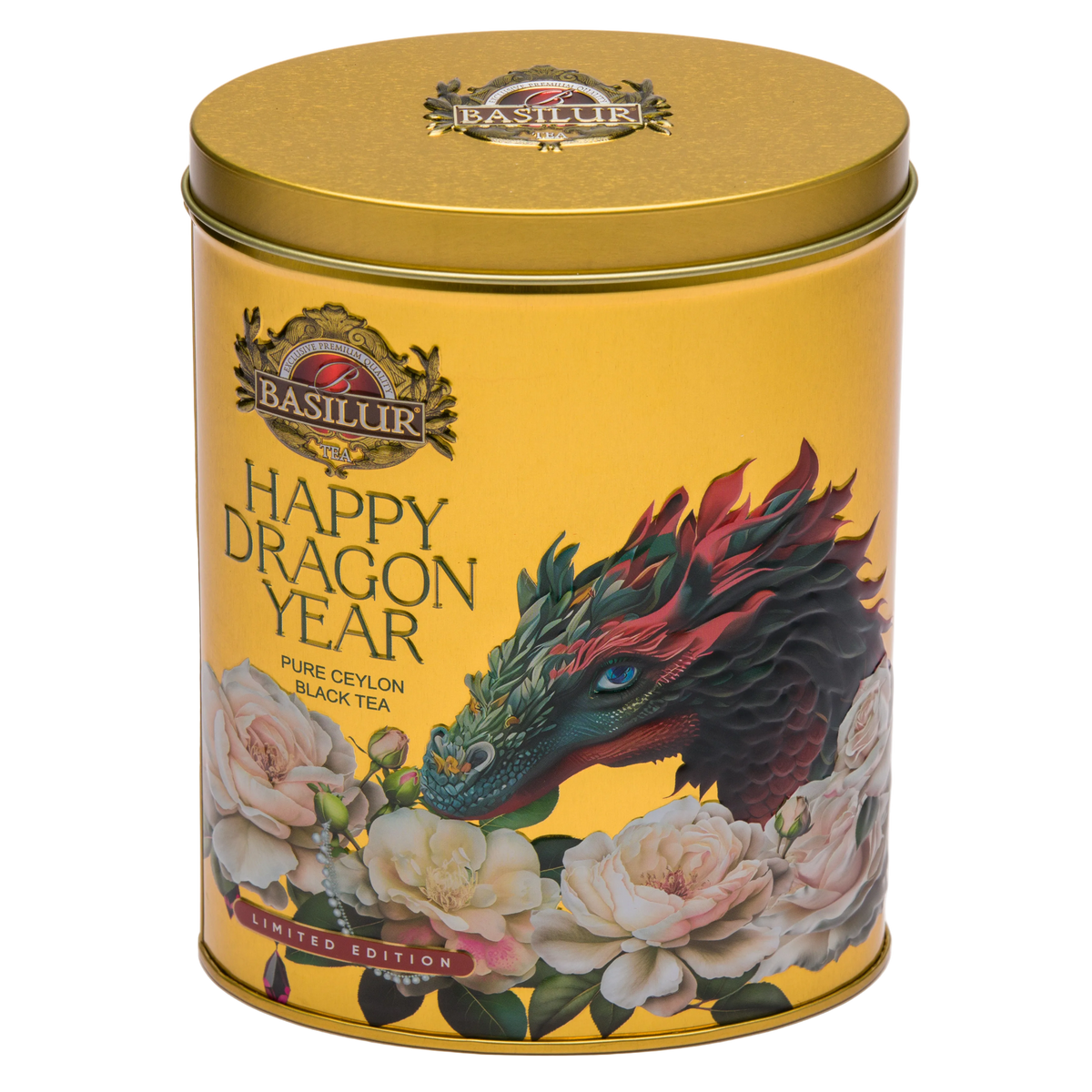 Ekskluzywne opakowanie Basilur Happy Dragon Year Gold z czarną herbatą Ceylon.