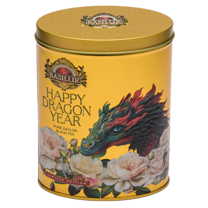 Ekskluzywne opakowanie Basilur Happy Dragon Year Gold z czarną herbatą Ceylon.