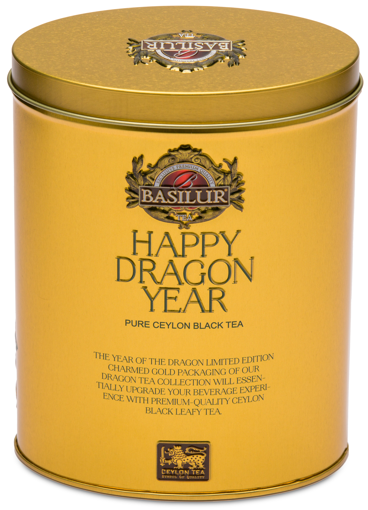 Herbata Basilur Happy Dragon Year z wizerunkiem smoka i kwiatami na złotym tle.