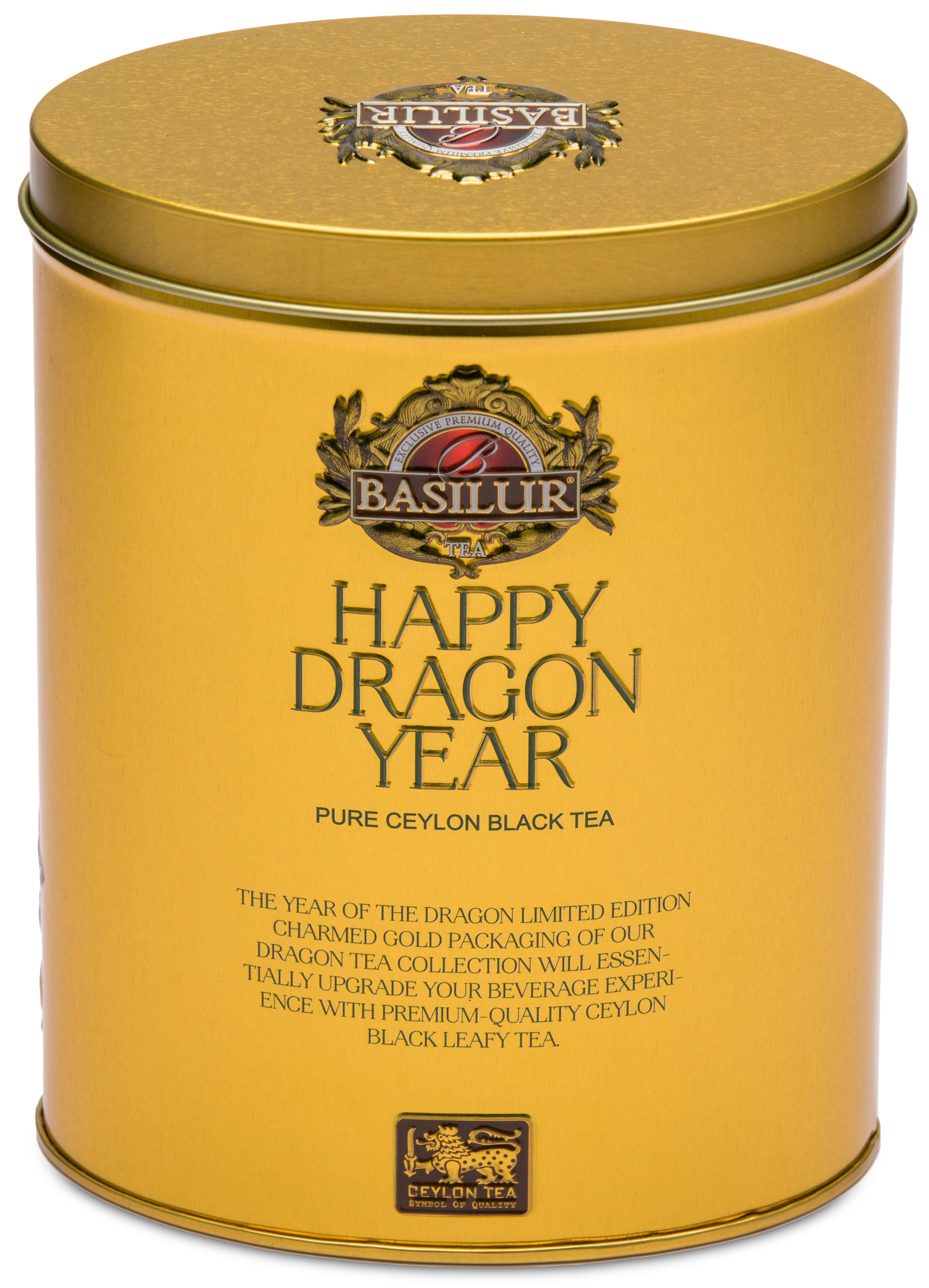 Herbata Basilur Happy Dragon Year z wizerunkiem smoka i kwiatami na złotym tle.