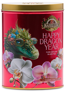 Czerwona puszka herbaty Basilur Happy Dragon Year z motywem smoka i orchidei, herbata cejlońska.