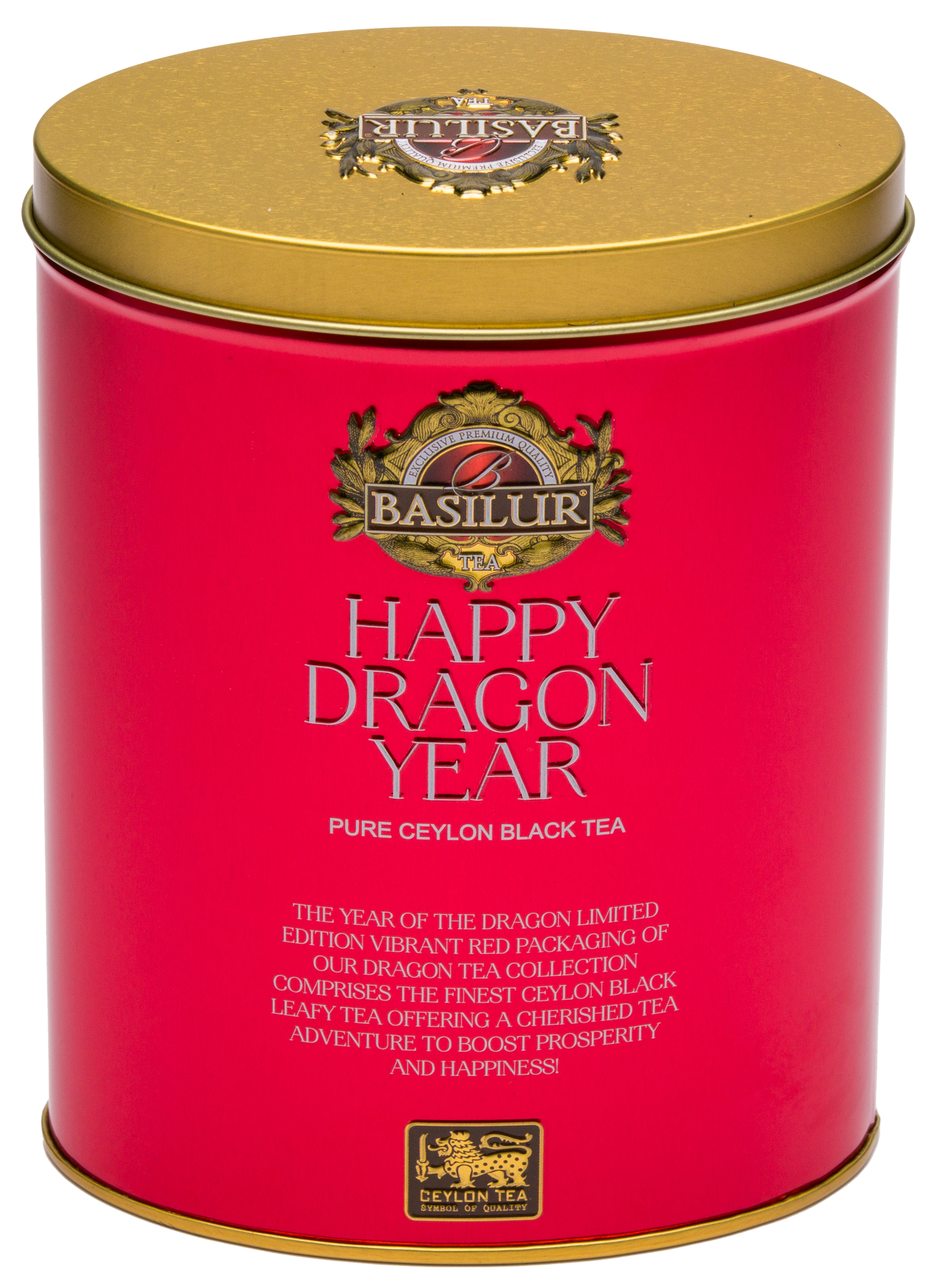 Tył puszki Basilur Happy Dragon Year z opisem limitowanej edycji czarnej herbaty.