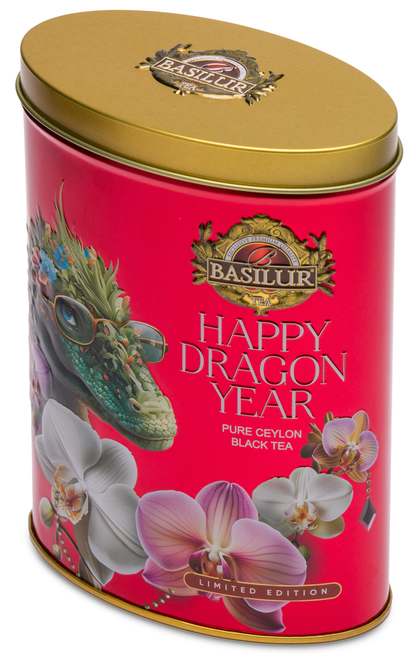 Owalna puszka Basilur Happy Dragon Year widziana z góry, złote wieczko z logo Basilur.