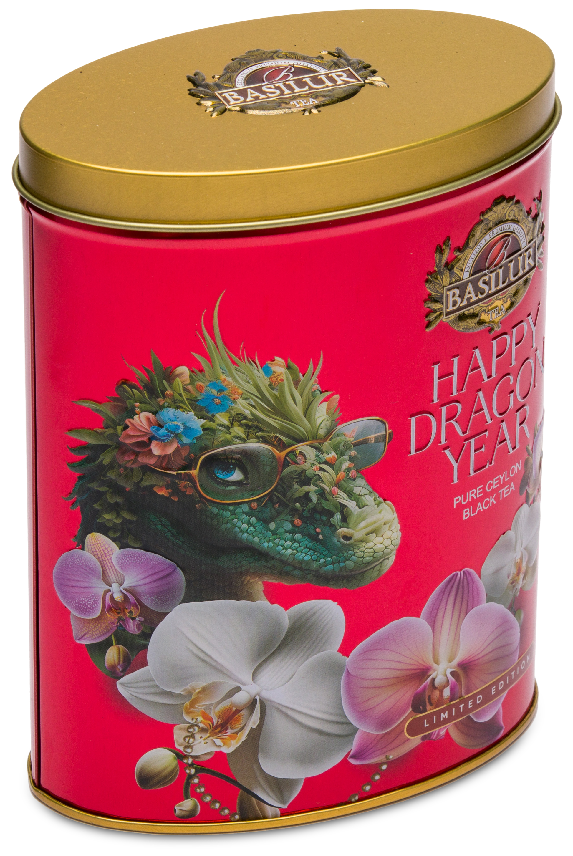 Bok eleganckiej puszki Basilur Happy Dragon Year z motywem smoka i kwiatów.