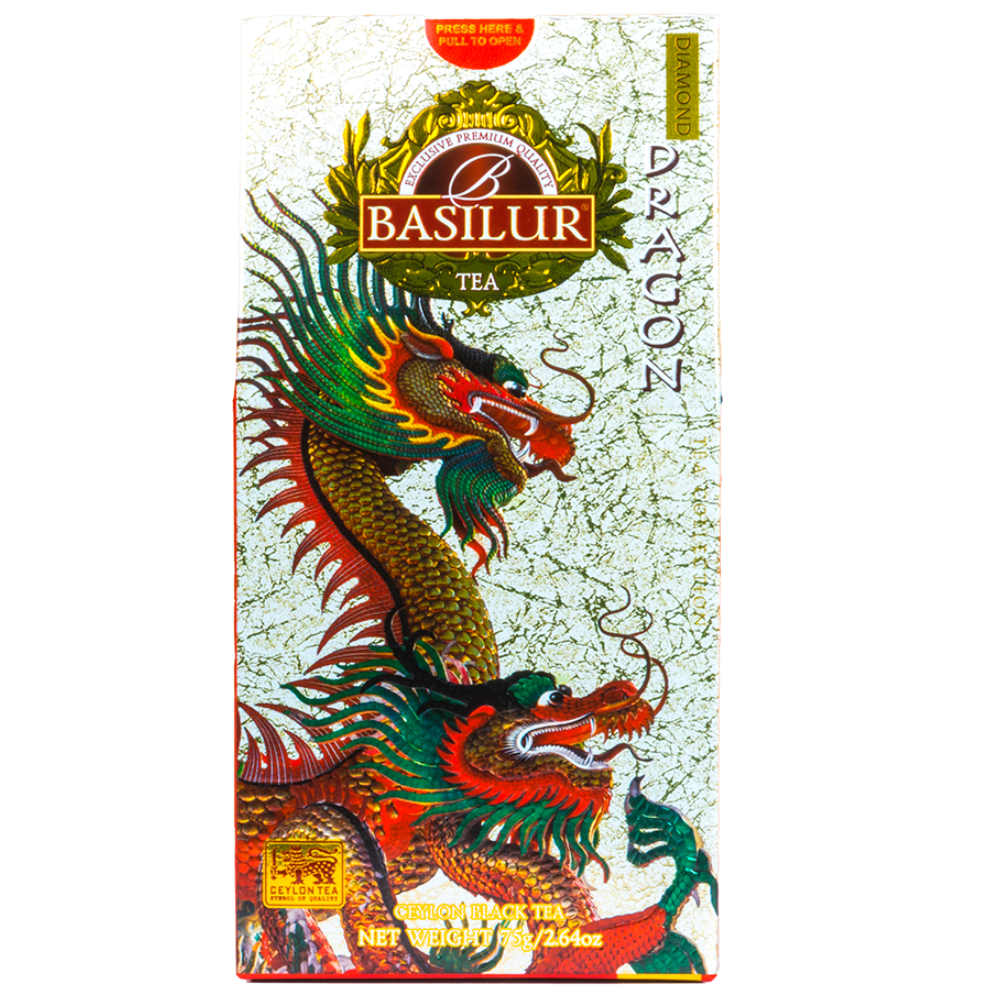 Opakowanie herbaty Basilur Dragon Diamond czarna herbata cejlonska w dekoracyjnym kartonie z motywem smoka