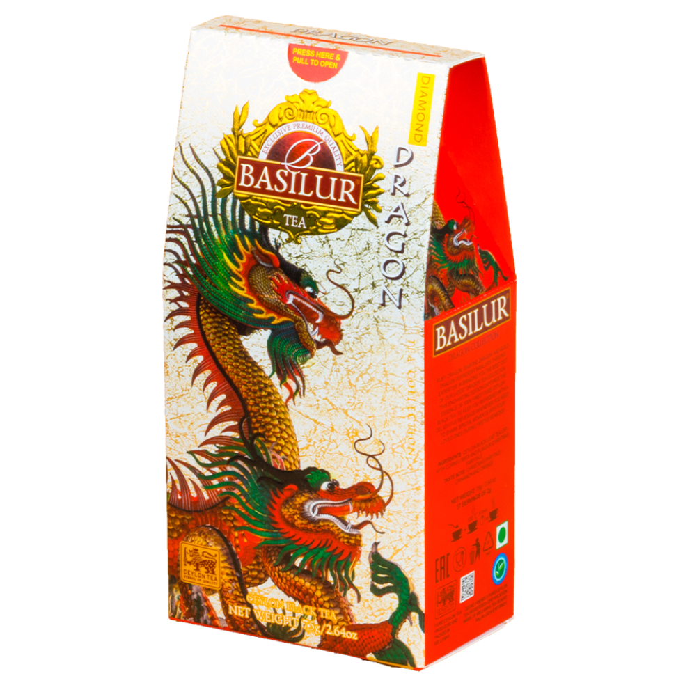 Herbata Basilur Dragon Diamond 75 g widok opakowania z boku elegancka czarna herbata cejlonska