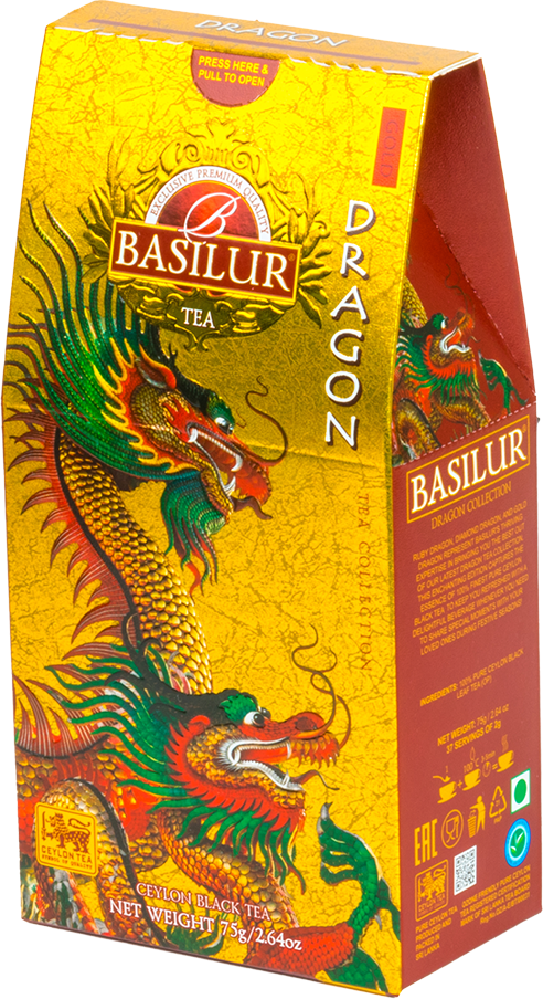 Opakowanie Basilur Dragon Collection Gold z motywem smoka na złotym tle.