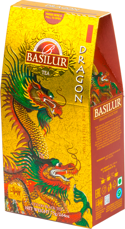 Opakowanie Basilur Dragon Collection Gold z motywem smoka na złotym tle.