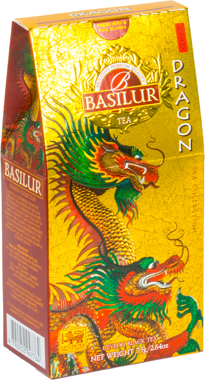 Herbata Basilur Gold Dragon z kolekcji Dragon Collection – czarna herbata Ceylon w złotym opakowaniu.