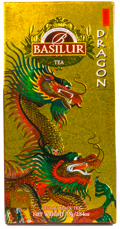 Czarna herbata cejlońska Basilur Gold Dragon – eleganckie pudełko prezentowe.