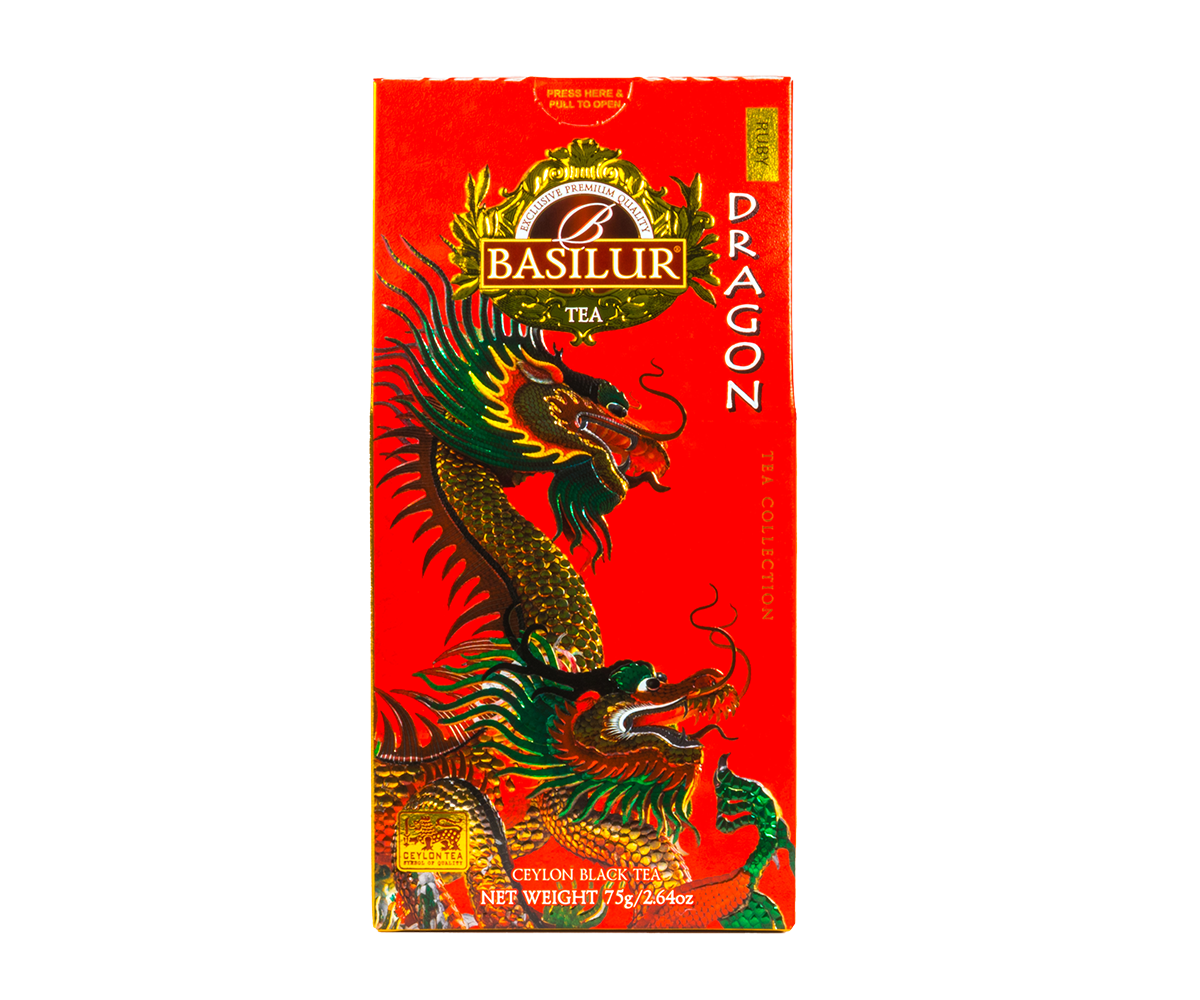 Herbata Basilur Dragon Ruby w czerwonym opakowaniu z motywem smoka, czarna herbata cejlońska.