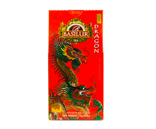 Herbata Basilur Dragon Ruby w czerwonym opakowaniu z motywem smoka, czarna herbata cejlońska.