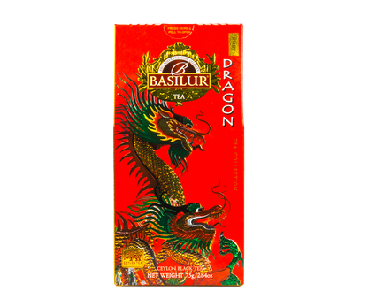 Herbata Basilur Dragon Ruby w czerwonym opakowaniu z motywem smoka, czarna herbata cejlońska.