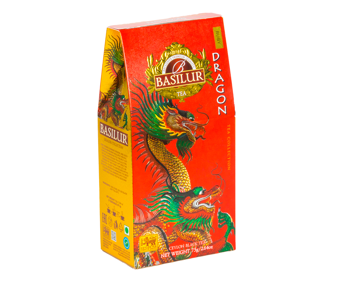 Opakowanie herbaty Basilur Dragon Ruby widok z boku, orientalny design i eleganckie złote zdobienia.