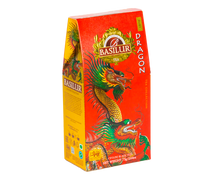 Opakowanie herbaty Basilur Dragon Ruby widok z boku, orientalny design i eleganckie złote zdobienia.