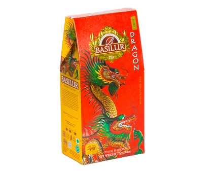 Opakowanie herbaty Basilur Dragon Ruby widok z boku, orientalny design i eleganckie złote zdobienia.