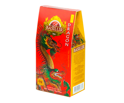 Pudełko Basilur Dragon Ruby z motywem smoka, herbata cejlońska o intensywnym smaku.