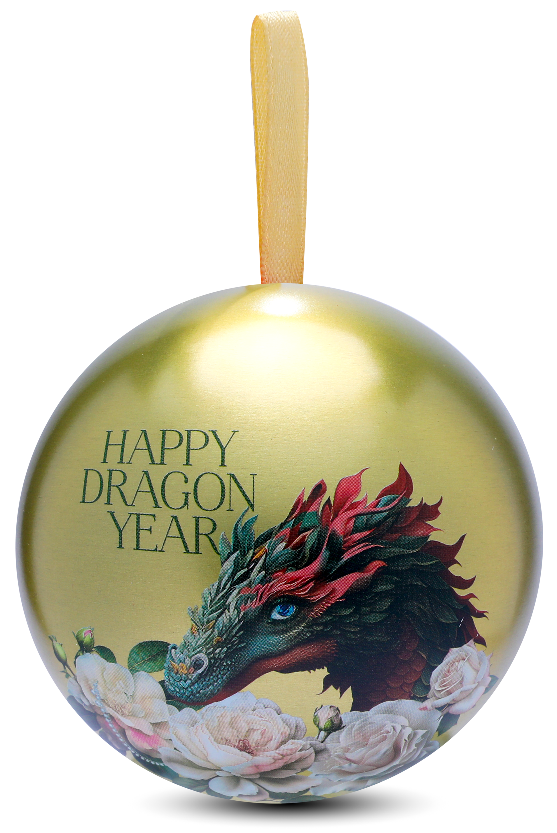 Złota bombka z herbatą Basilur Happy Dragon Year Gold z motywem smoka i kwiatów.