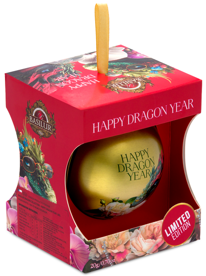 Herbata Basilur Happy Dragon Year Gold w ozdobnej bombce w czerwonym pudełku.