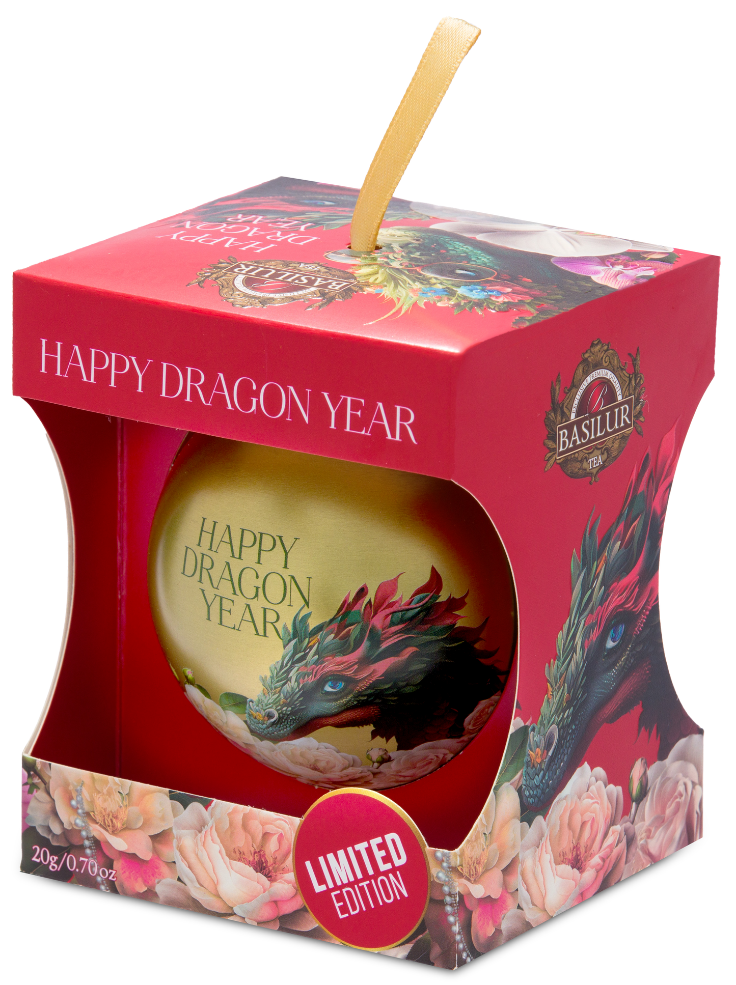 Widok frontowy na zestaw prezentowy Basilur Happy Dragon Year Gold z czarną herbatą.