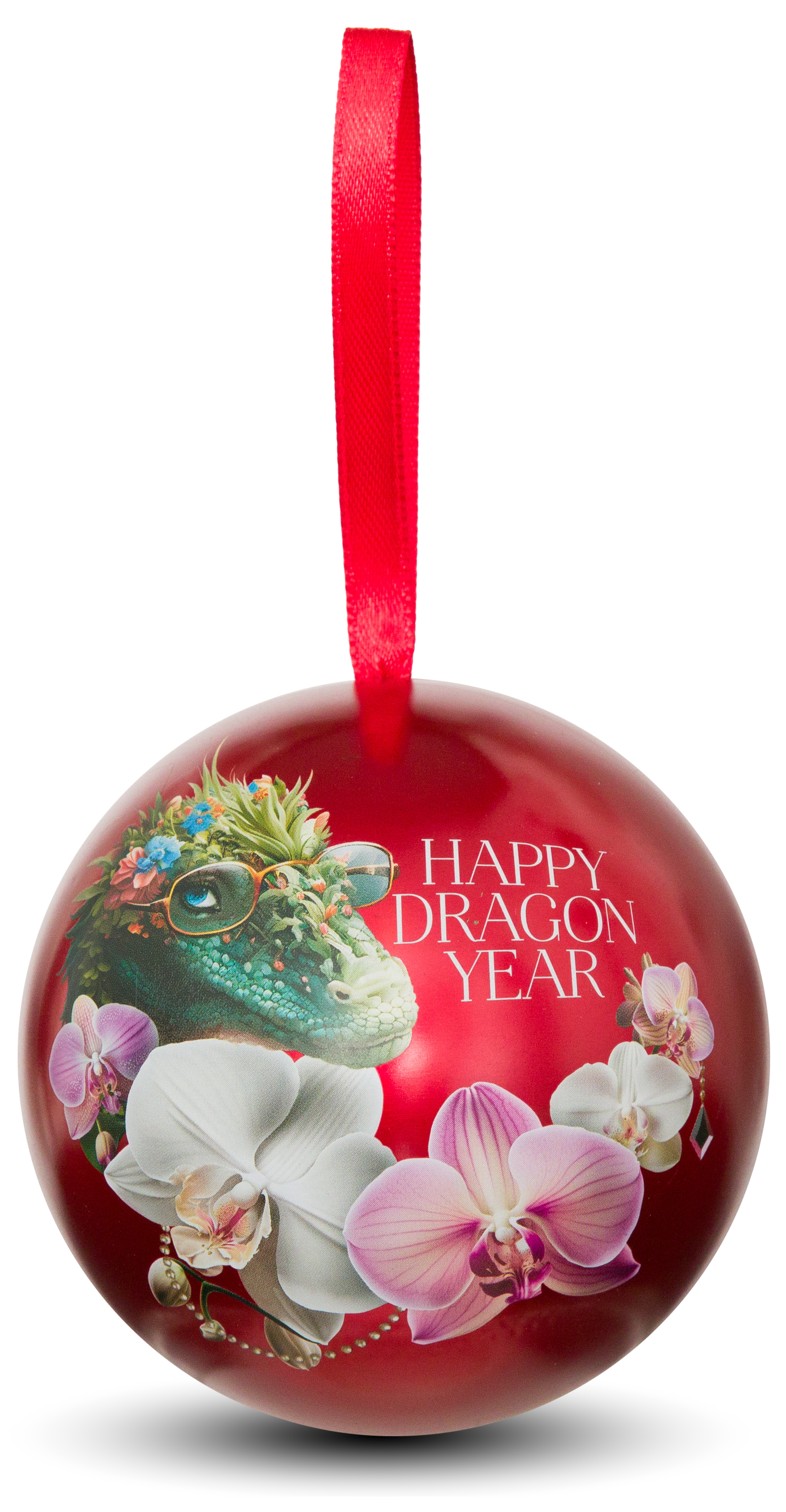 Czerwona bombka z herbatą Basilur Happy Dragon Year Red z motywem smoka i orchidei.