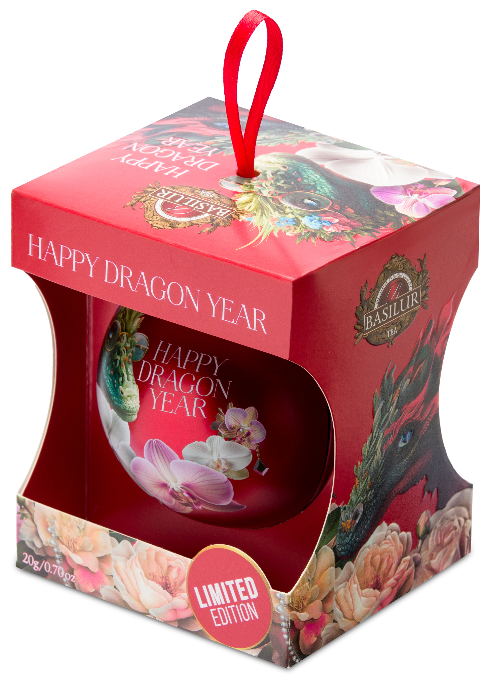 Front pudełka Basilur Happy Dragon Year Red z ozdobną bombką i smoczym motywem.