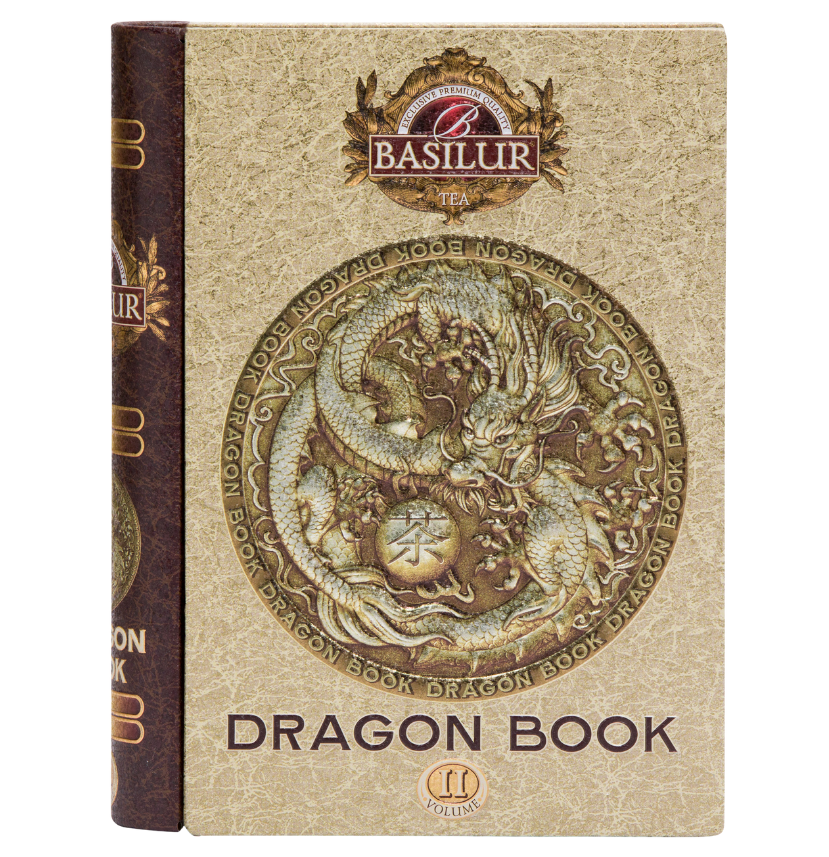 Herbata Basilur Dragon Tea Book vol. II w ozdobnej puszce w kształcie książki z motywem smoka.